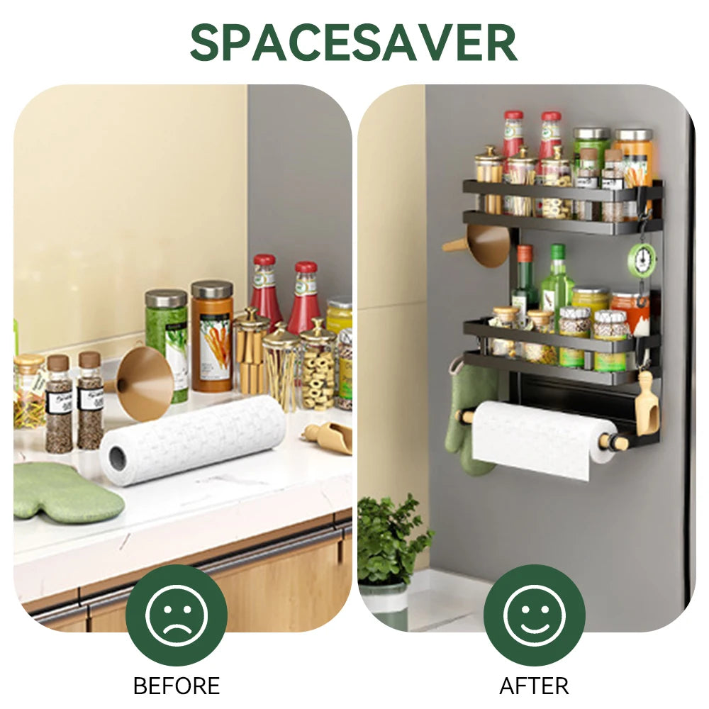 Multi-functional storage rack magnetic suction refrigerator hanging rack non-drilling seasoning rack multi-layer cling film stor
