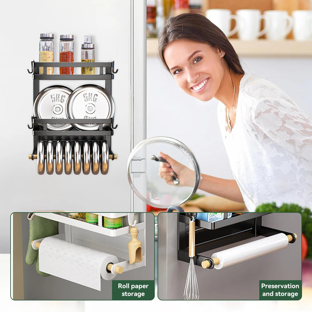 Multi-functional storage rack magnetic suction refrigerator hanging rack non-drilling seasoning rack multi-layer cling film stor