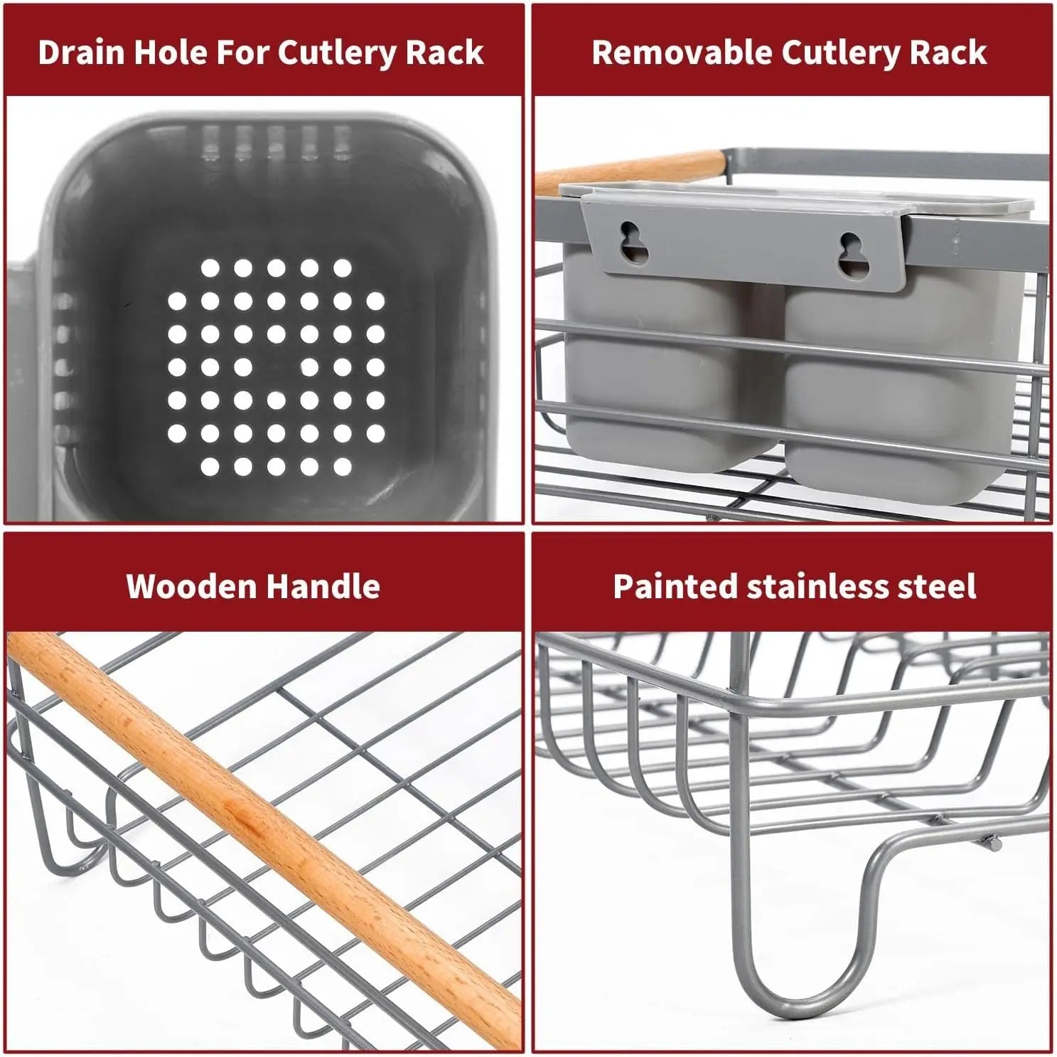 Anti-Rust Dish Drainer Drying Rack with Removable Drip Tray & Cutlery Holder Kitchen Sink Organizer Plate Cup Rack