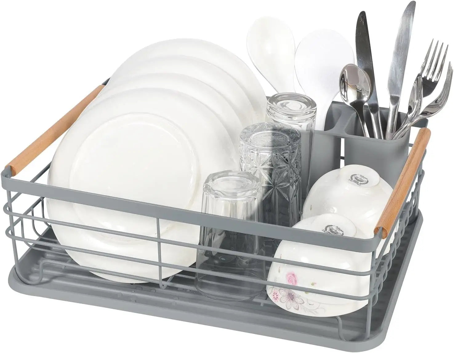 Anti-Rust Dish Drainer Drying Rack with Removable Drip Tray & Cutlery Holder Kitchen Sink Organizer Plate Cup Rack