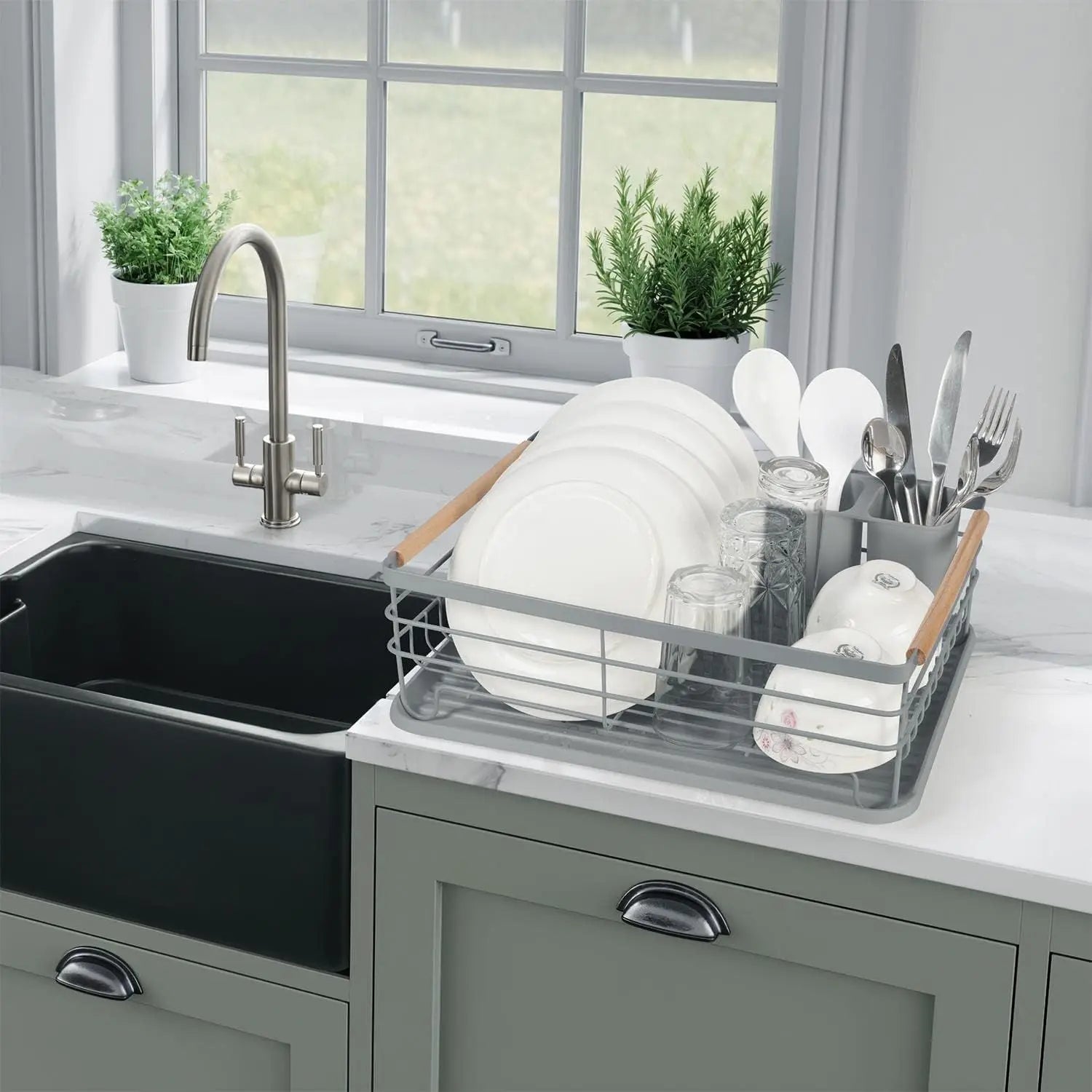 Anti-Rust Dish Drainer Drying Rack with Removable Drip Tray & Cutlery Holder Kitchen Sink Organizer Plate Cup Rack