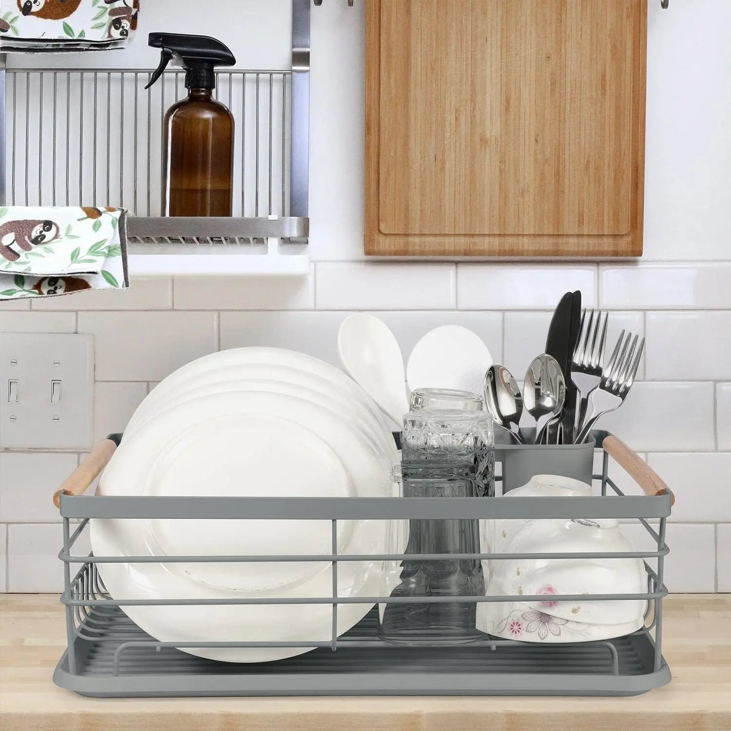 Anti-Rust Dish Drainer Drying Rack with Removable Drip Tray & Cutlery Holder Kitchen Sink Organizer Plate Cup Rack