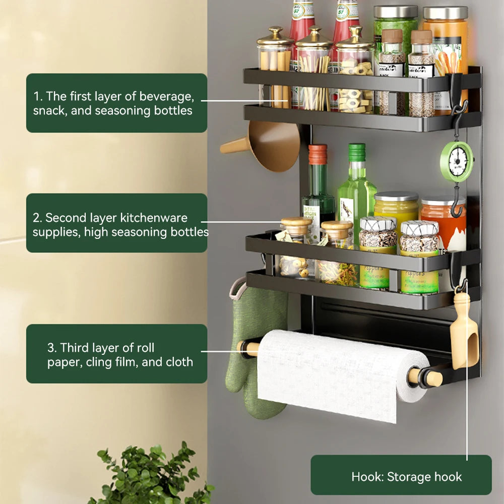 Multi-functional storage rack magnetic suction refrigerator hanging rack non-drilling seasoning rack multi-layer cling film stor