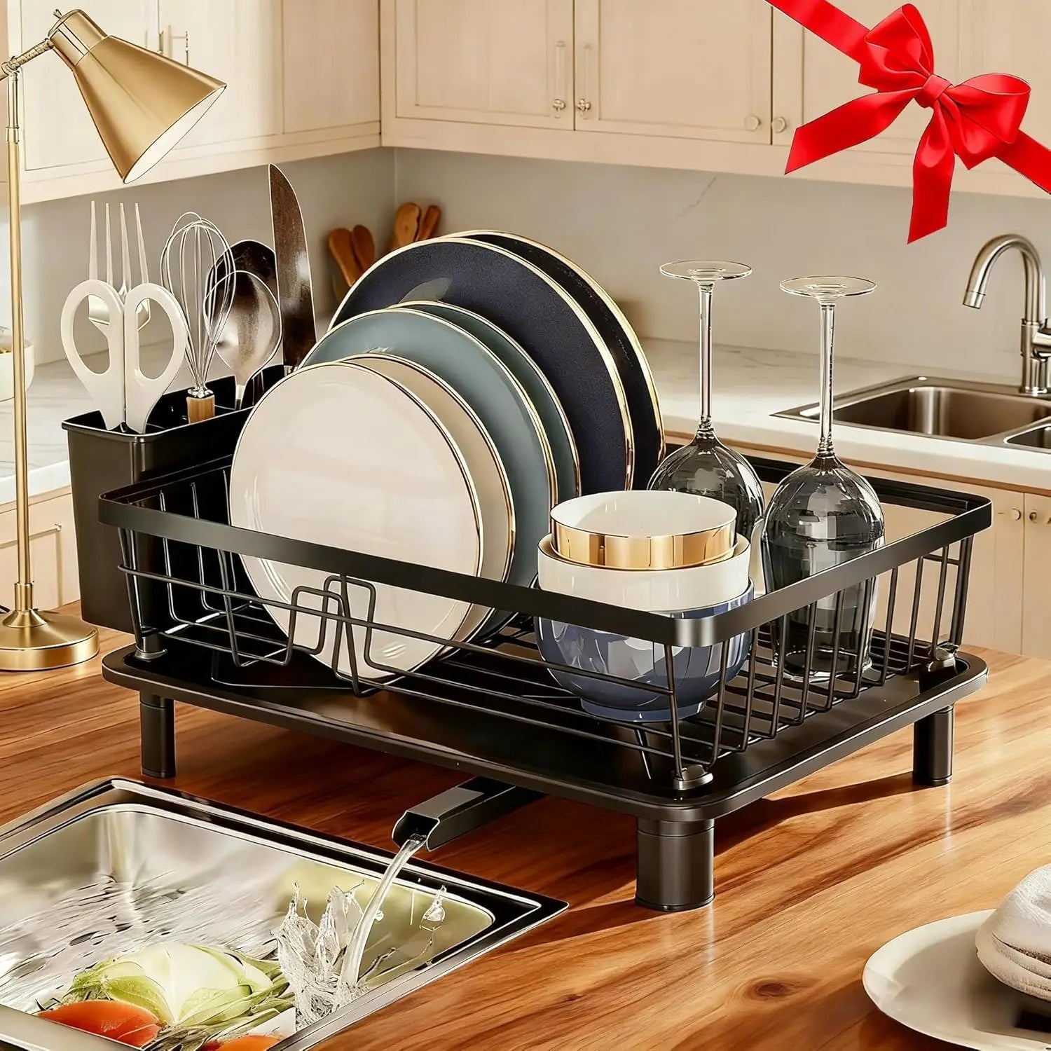 dish draining rack,Cutlery rack with drain tray and drip line,cup holder,cutlery holder,Kitchen countertop storage rack