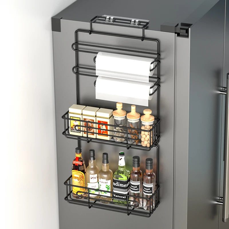 Wall mounted refrigerator rack, cling film storage rack, kitchen multifunctional seasoning rack, no drilling required