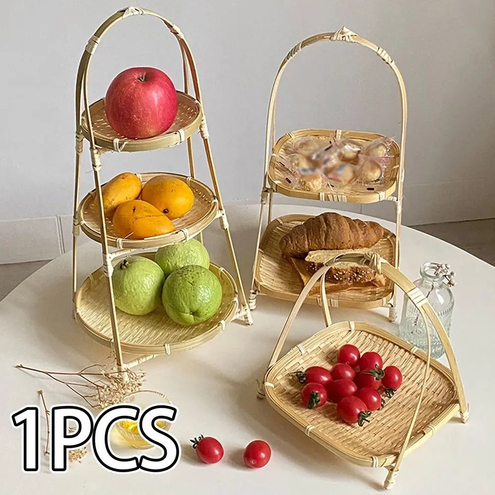 Multi-function Bamboo Woven Basket 1/2/3 Layer Fruit Food Vegetable Storage Basket Durable Handwoven Standing Tray for Kitchen