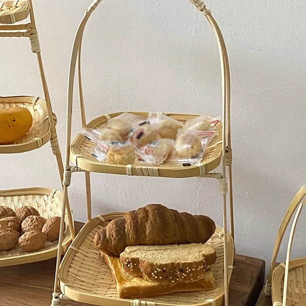 Multi-function Bamboo Woven Basket 1/2/3 Layer Fruit Food Vegetable Storage Basket Durable Handwoven Standing Tray for Kitchen