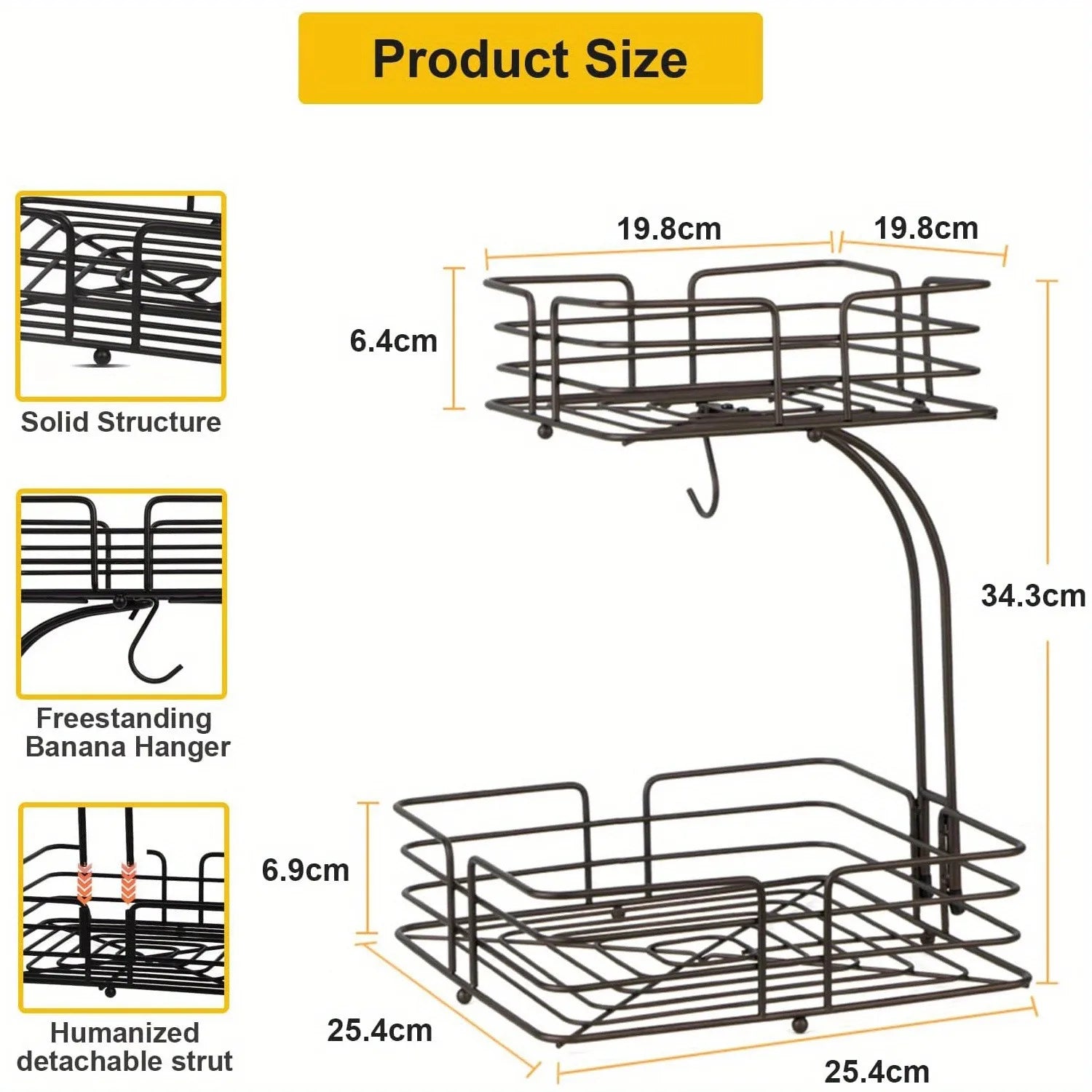 Double Layer Fruit Basket, Removable Countertop Fruit Rack with Banana Hook, Kitchen Metal Fruit and Vegetable Bowl, Metal Baske