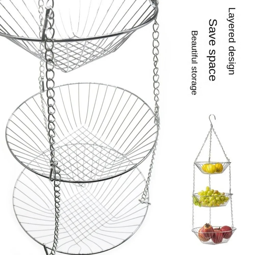Foldable Hanging Fruit Basket Nordic Wall Hanging Snacks Storage Basket Iron Wire Three Tier Flowers Basket Storage Rack