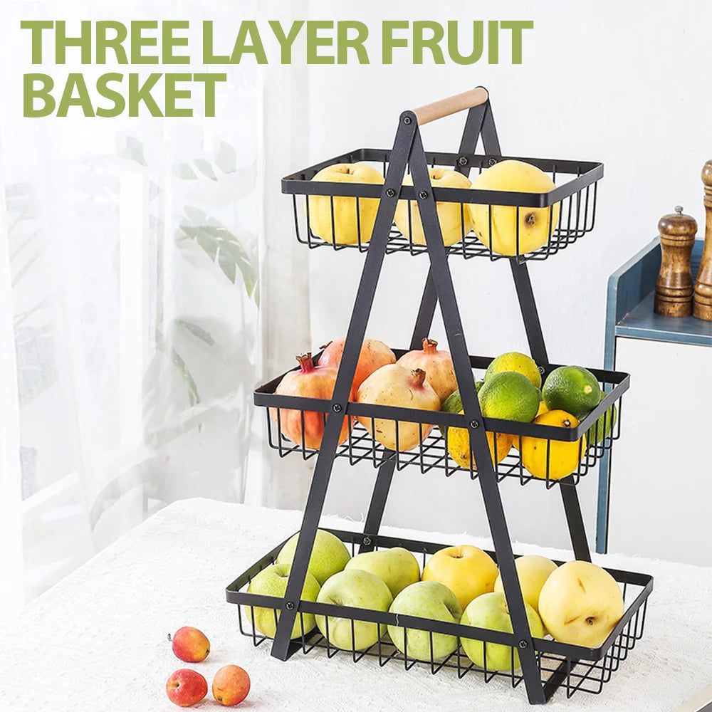 3 Tier Carbon Steel Fruit Storage Basket, Modern Metal Fruit And Vegetable Basket With Wooden Handle, Drain Basket