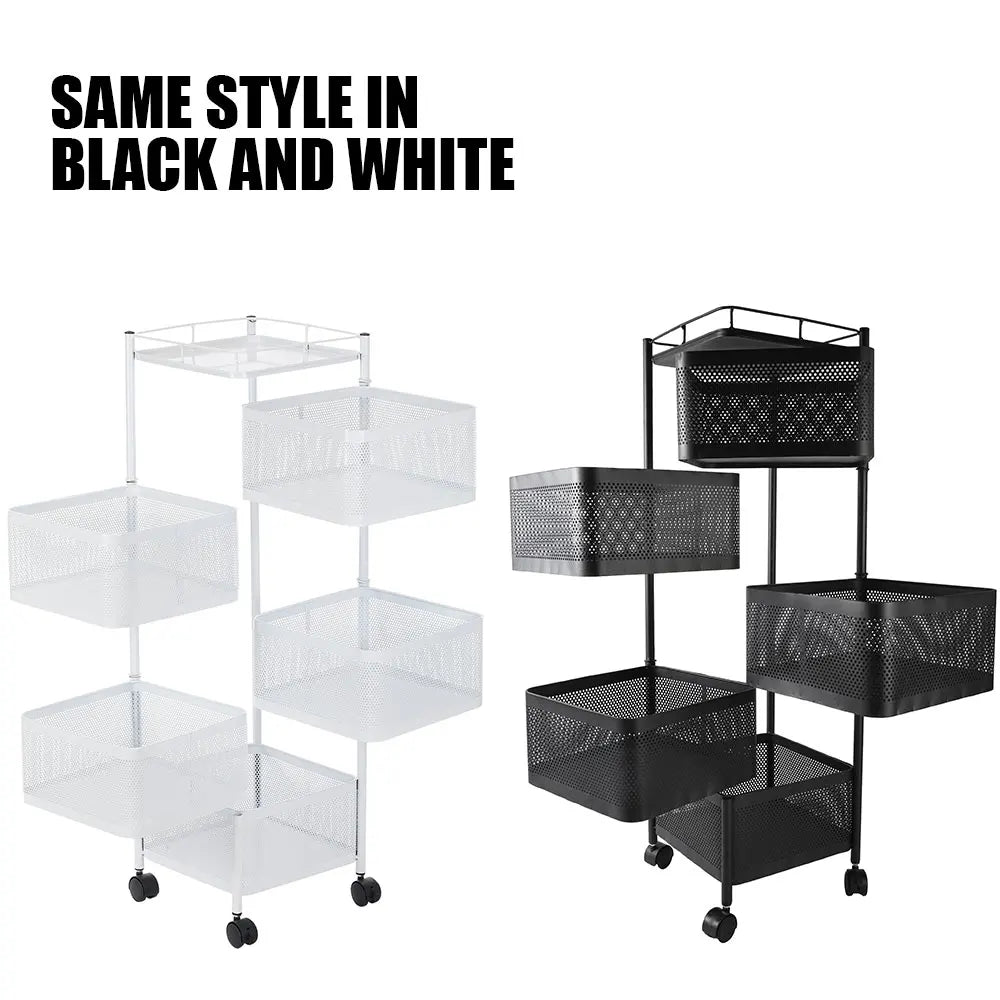 5-layer Square Rotatable Storage Rack With Wheels, Kitchen Adjustable Metal Baskets, Fruit Vegetable Storage Trolley