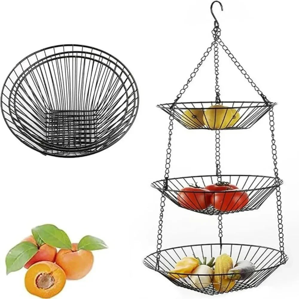 Foldable Hanging Fruit Basket Nordic Wall Hanging Snacks Storage Basket Iron Wire Three Tier Flowers Basket Storage Rack