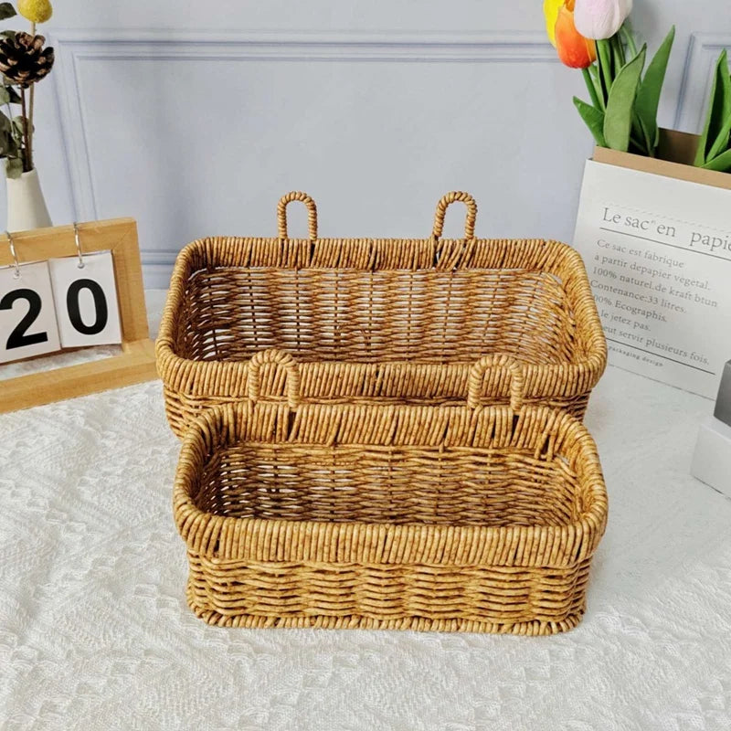 Hanging Fruit Basket Imitation Rattan Wall Mount Basket With Handle Handmade Rattan Woven Organizer Flower Pot Container Basket