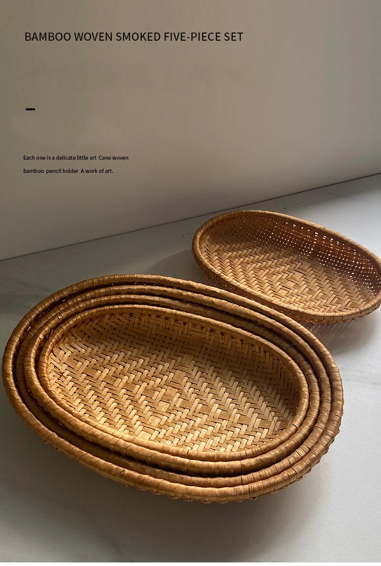 HeMu Bamboo woven oval basket Bamboo storage basket drying round dustpan Hotel storage steamed bun basket fruit basket