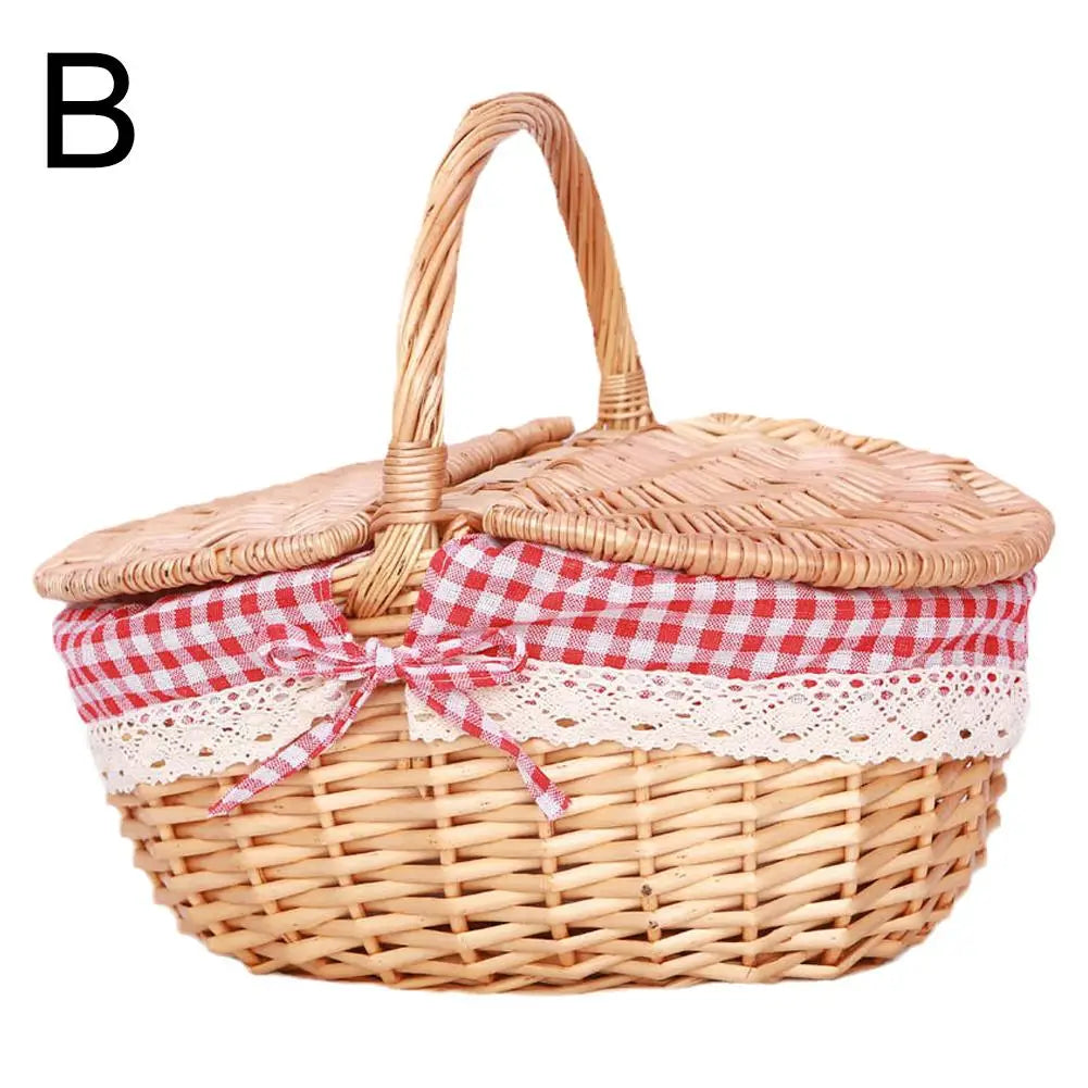 Wicker Picnic Basket With Lid Handle Picnic Hamper Handmade Willow Woven Storage Hamper Outdoor Camping Fruit Basket Container