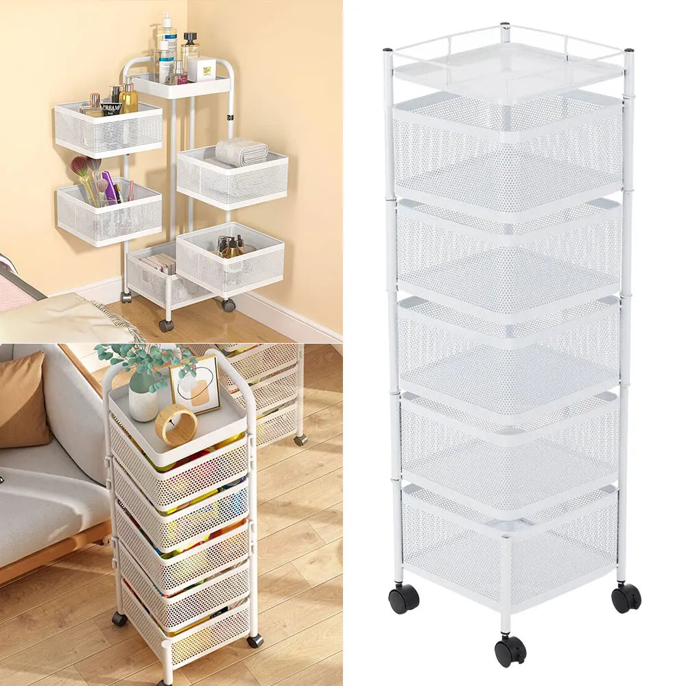 5-layer Square Rotatable Storage Rack With Wheels, Kitchen Adjustable Metal Baskets, Fruit Vegetable Storage Trolley