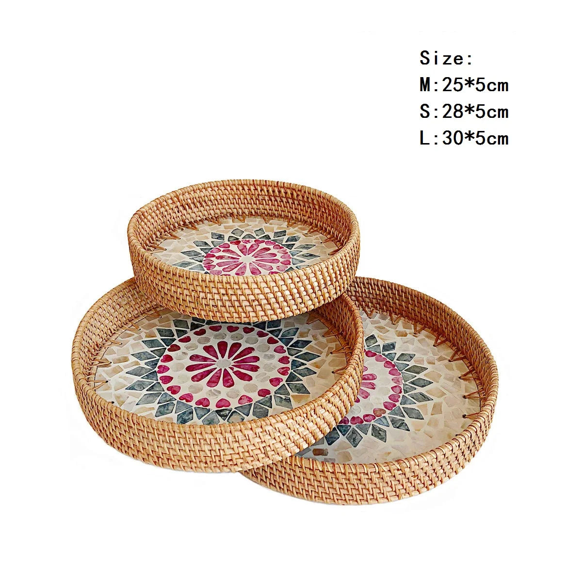 HeMu Colorful Splicing Shell Rattan Storage Basket Set Bread Fruit Food Breakfast Display Box Natural Hand-Woven Tray Roundness