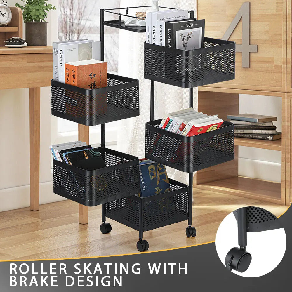 5-layer Square Rotatable Storage Rack With Wheels, Kitchen Adjustable Metal Baskets, Fruit Vegetable Storage Trolley