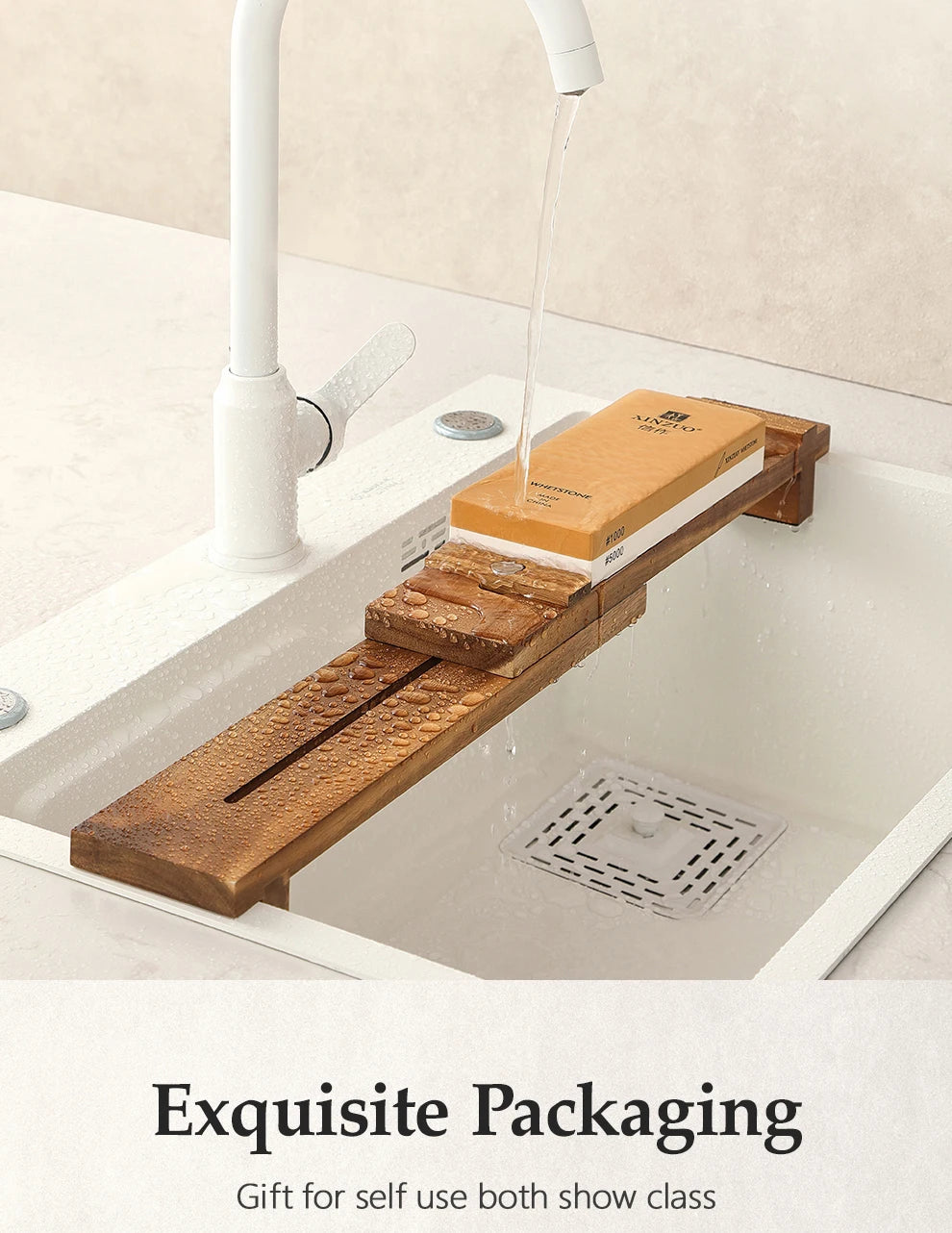 XINZUO Acacia Wood Whetstone Base Holder Adjustable Telescopic Solid Knife Sharpening Block for Kitchen Knives
