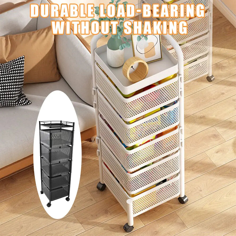 5-layer Square Rotatable Storage Rack With Wheels, Kitchen Adjustable Metal Baskets, Fruit Vegetable Storage Trolley