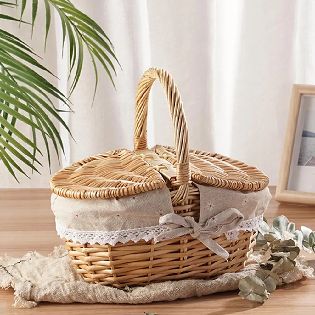 Wicker Picnic Basket With Lid Handle Picnic Hamper Handmade Willow Woven Storage Hamper Outdoor Camping Fruit Basket Container