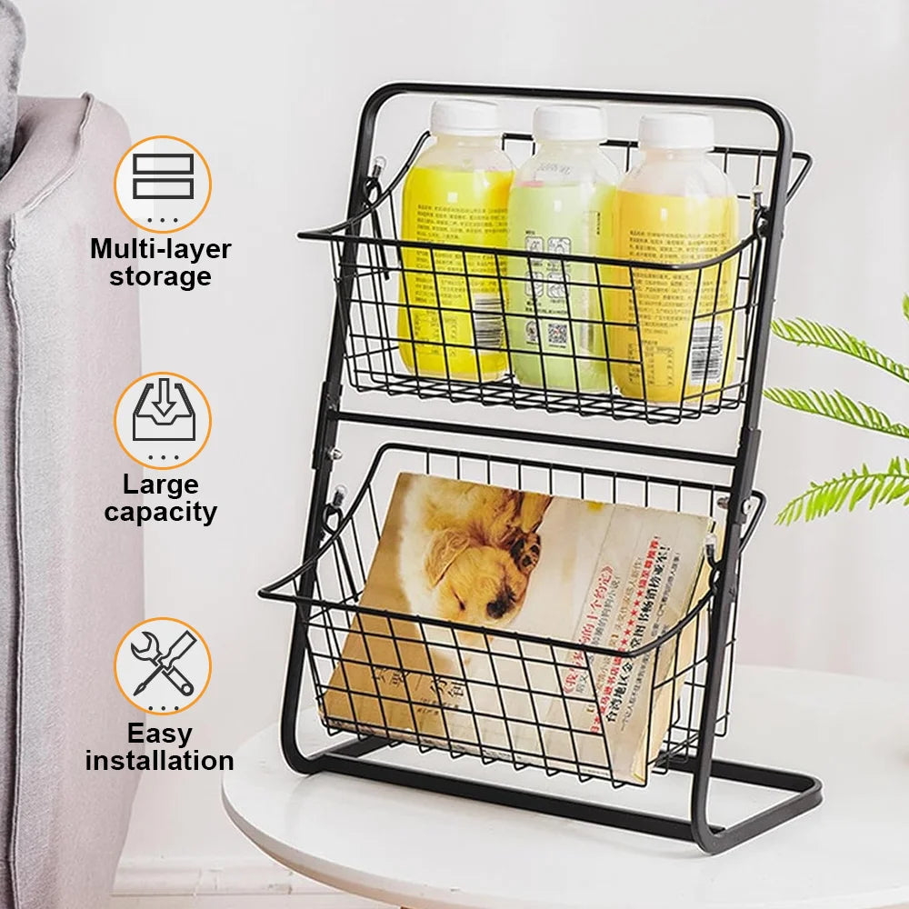 Metal 2-Tier Fruit & Veggie Basket with Detachable Wire Racks - Countertop Storage Solution