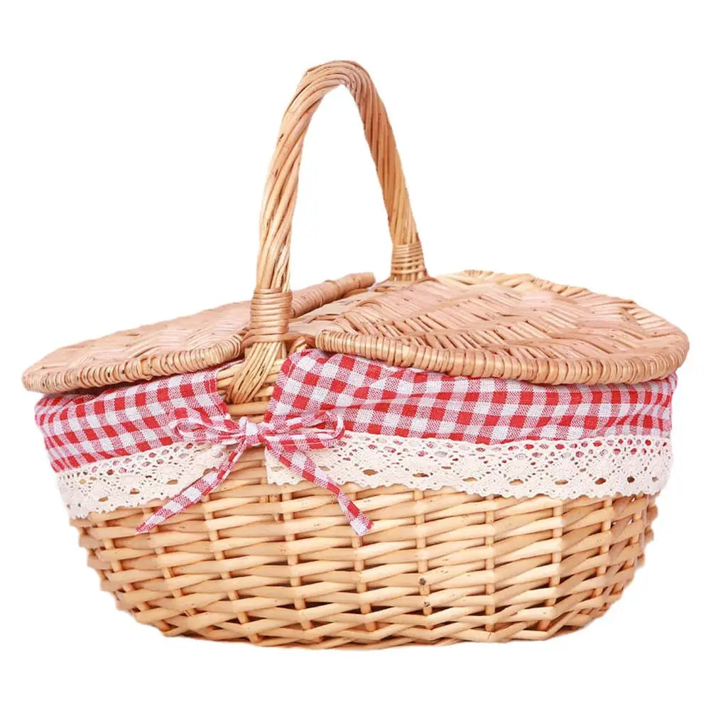 Wicker Picnic Basket With Lid Handle Picnic Hamper Handmade Willow Woven Storage Hamper Outdoor Camping Fruit Basket Container