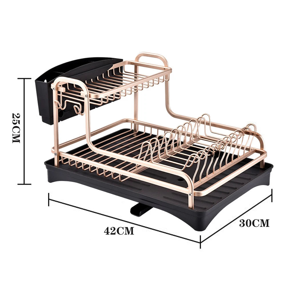 【Breeins】 2 Tier Aluminum Dish Storage Rack with Cutlery Holder Drain Hole