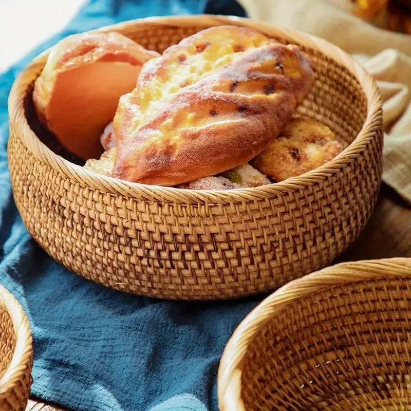 Hand-woven Rattan Wicker Basket Storage Box Fruit Tea Snack Bread Basket Cosmetic Desktop Storage Box Household Kitchen Supplies