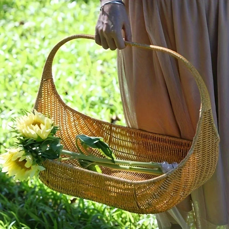 Handwoven Bread Basket and Fruit Tray in Natural Rattan, Rustic Style Basket for Serving Bread and Fruits