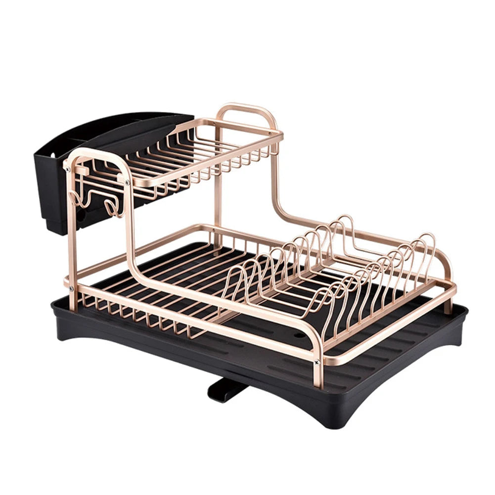 【Breeins】 2 Tier Aluminum Dish Storage Rack with Cutlery Holder Drain Hole