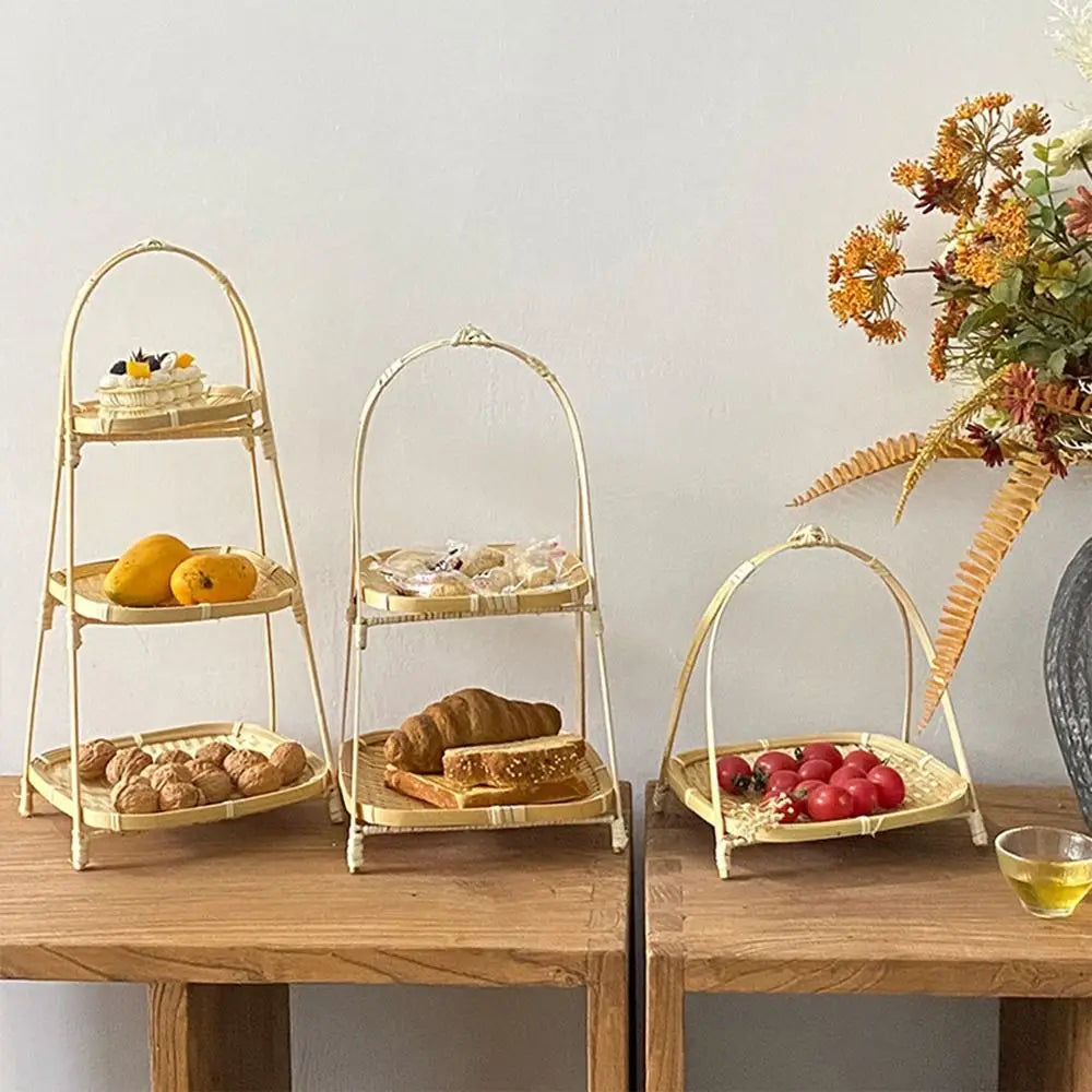 Multi-function Bamboo Woven Basket 1/2/3 Layer Fruit Food Vegetable Storage Basket Durable Handwoven Standing Tray for Kitchen
