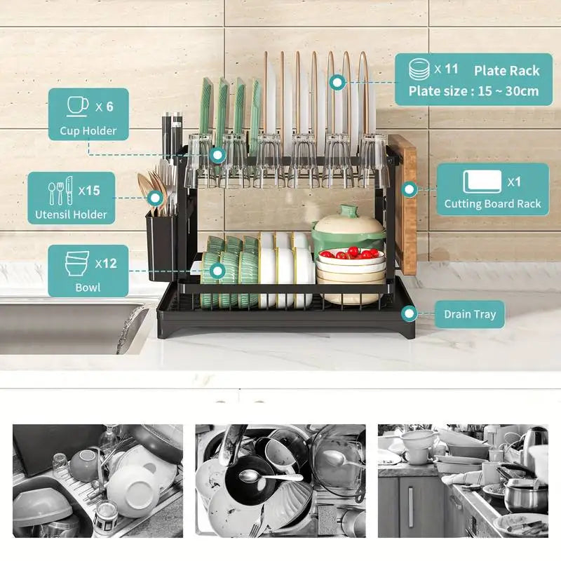 2-Tier Carbon Steel Dish Rack with Large Capacity - Double Layer Plate & Cup Drying Drainer, Cutlery Holder