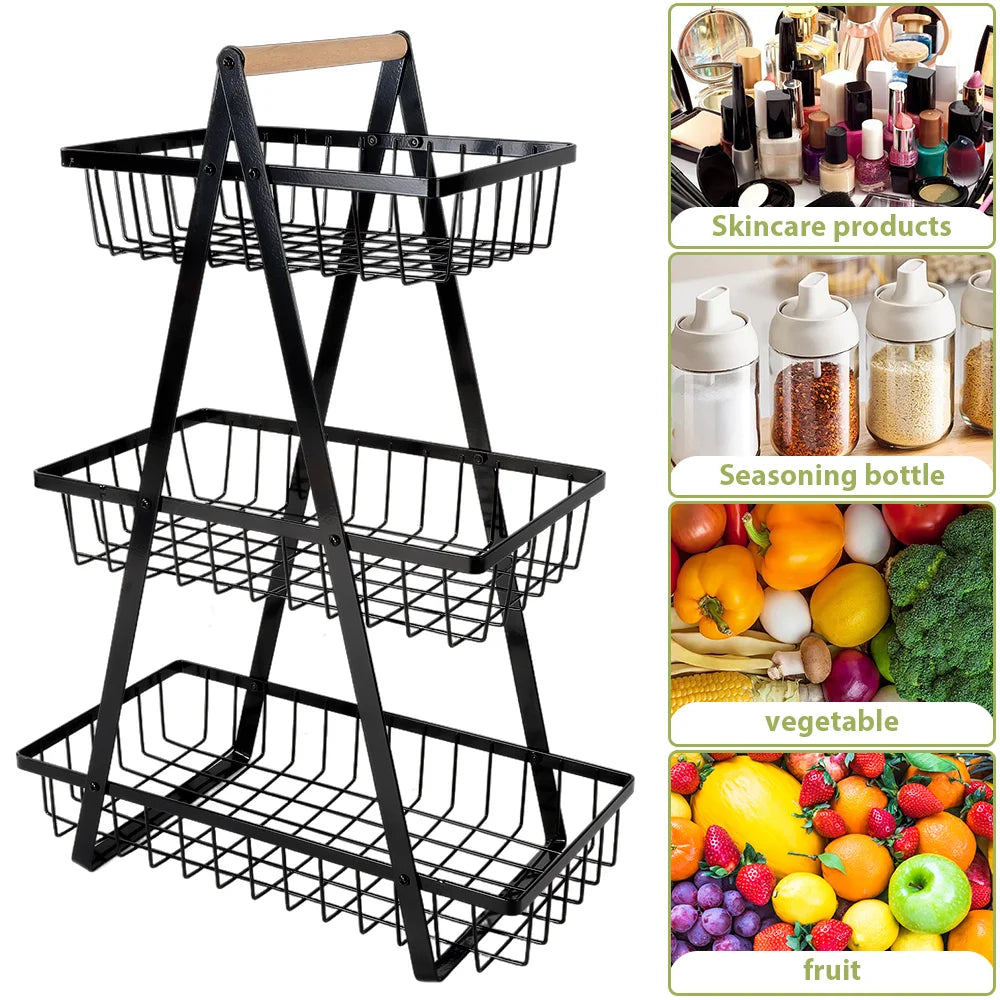 3 Tier Carbon Steel Fruit Storage Basket, Modern Metal Fruit And Vegetable Basket With Wooden Handle, Drain Basket