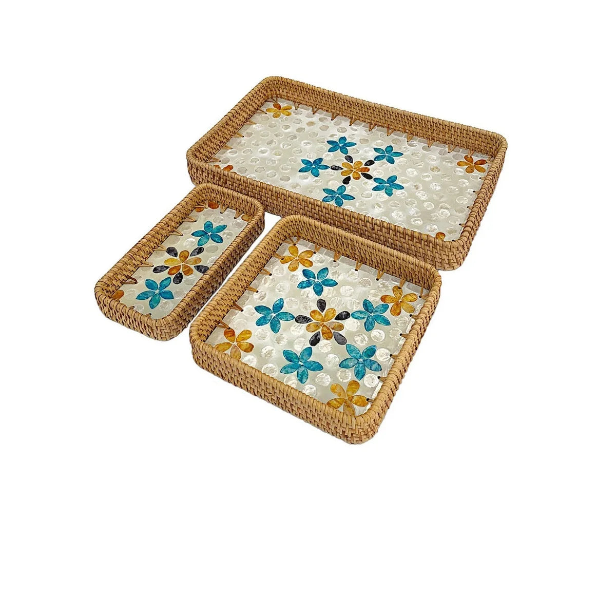HeMu Colorful Splicing Shell Rattan Storage Basket Set Bread Fruit Food Breakfast Display Box Natural Hand-Woven Tray Decoration