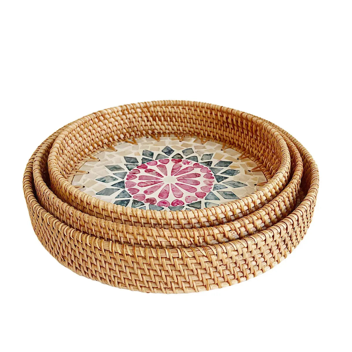 HeMu Colorful Splicing Shell Rattan Storage Basket Set Bread Fruit Food Breakfast Display Box Natural Hand-Woven Tray Roundness