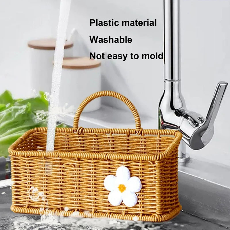 Hanging Fruit Basket Imitation Rattan Wall Mount Basket With Handle Handmade Rattan Woven Organizer Flower Pot Container Basket