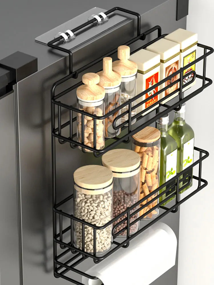 Wall mounted refrigerator rack, cling film storage rack, kitchen multifunctional seasoning rack, no drilling required