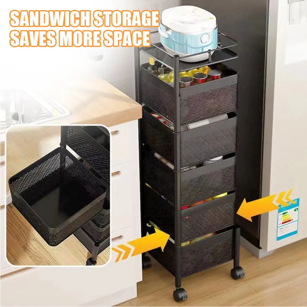 5-layer Square Rotatable Storage Rack With Wheels, Kitchen Adjustable Metal Baskets, Fruit Vegetable Storage Trolley