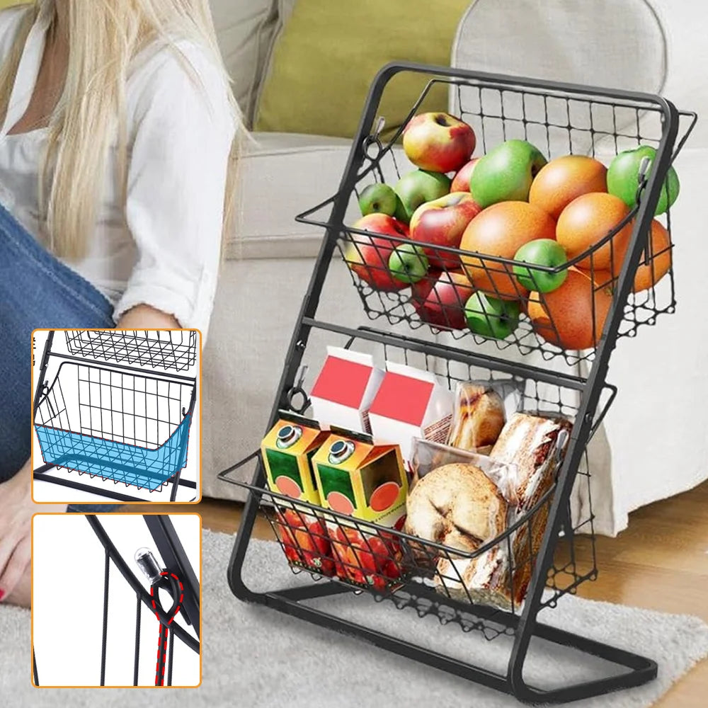 Metal 2-Tier Fruit & Veggie Basket with Detachable Wire Racks - Countertop Storage Solution