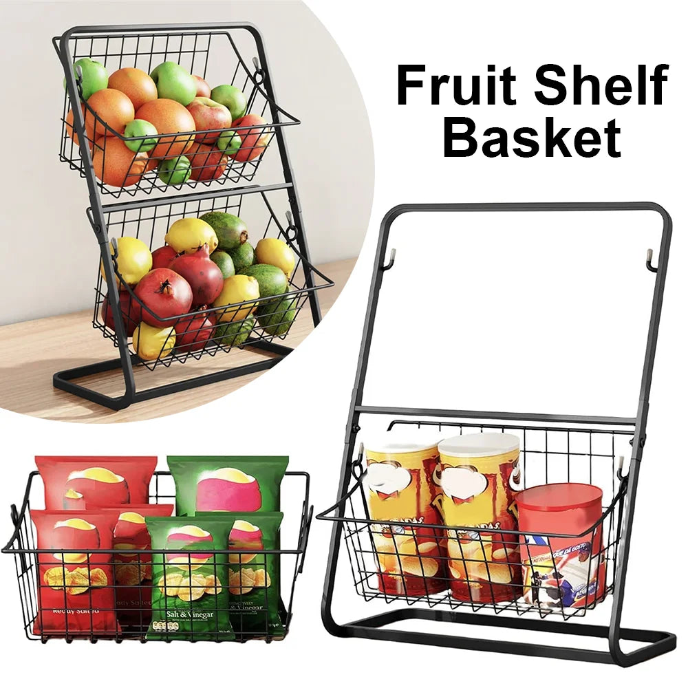 Metal 2-Tier Fruit & Veggie Basket with Detachable Wire Racks - Countertop Storage Solution