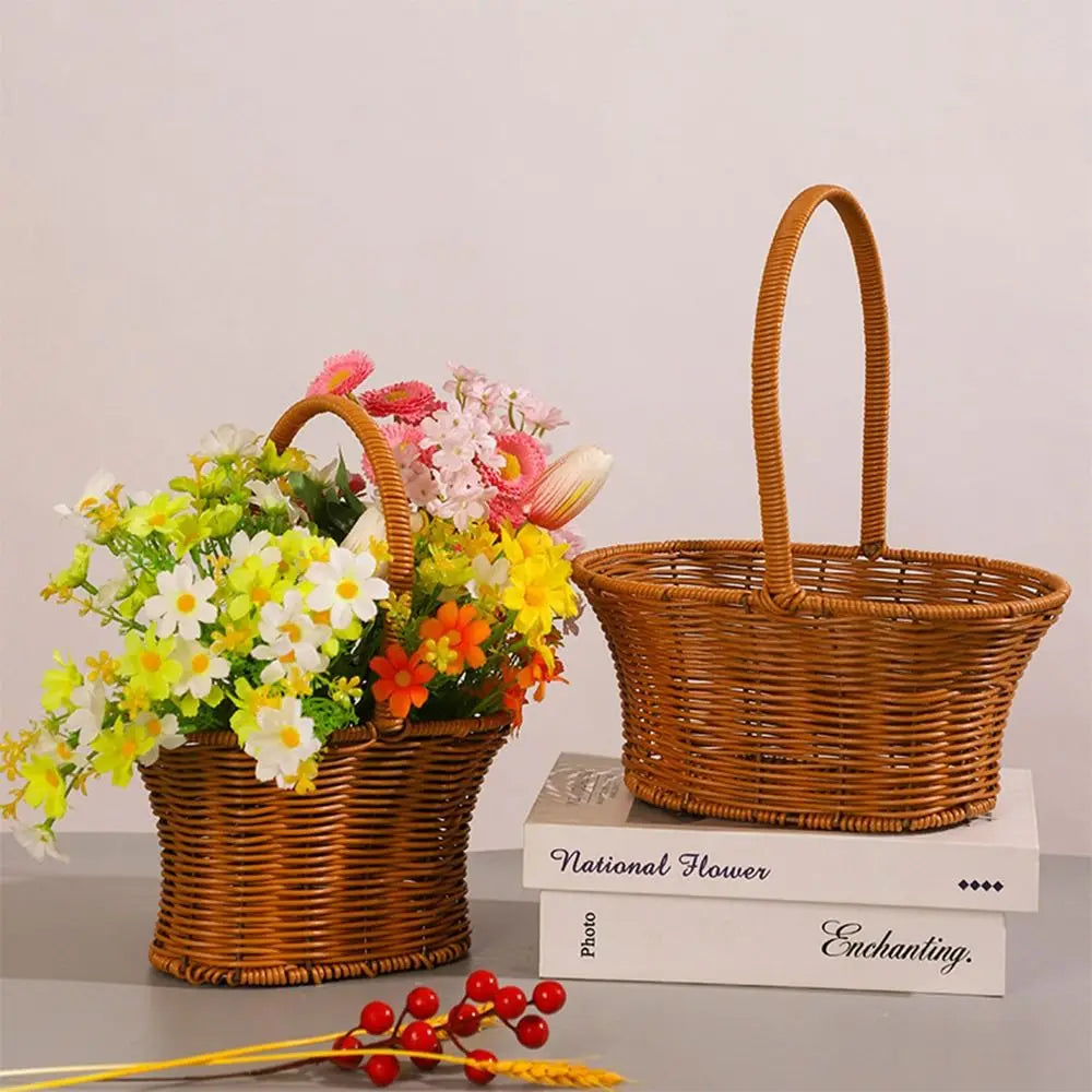 Imitation Rattan Handhold Weaving Basket with Handle Home Decoration Braid Storage Baskets Vegetable Fruit Flower
