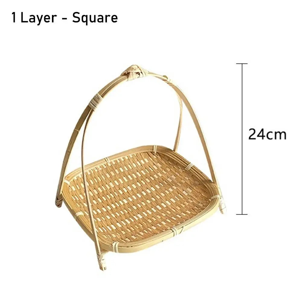 Multi-function Bamboo Woven Basket 1/2/3 Layer Fruit Food Vegetable Storage Basket Durable Handwoven Standing Tray for Kitchen