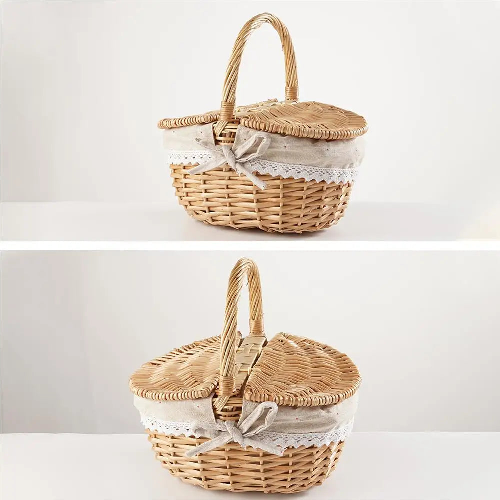 Wicker Picnic Basket With Lid Handle Picnic Hamper Handmade Willow Woven Storage Hamper Outdoor Camping Fruit Basket Container