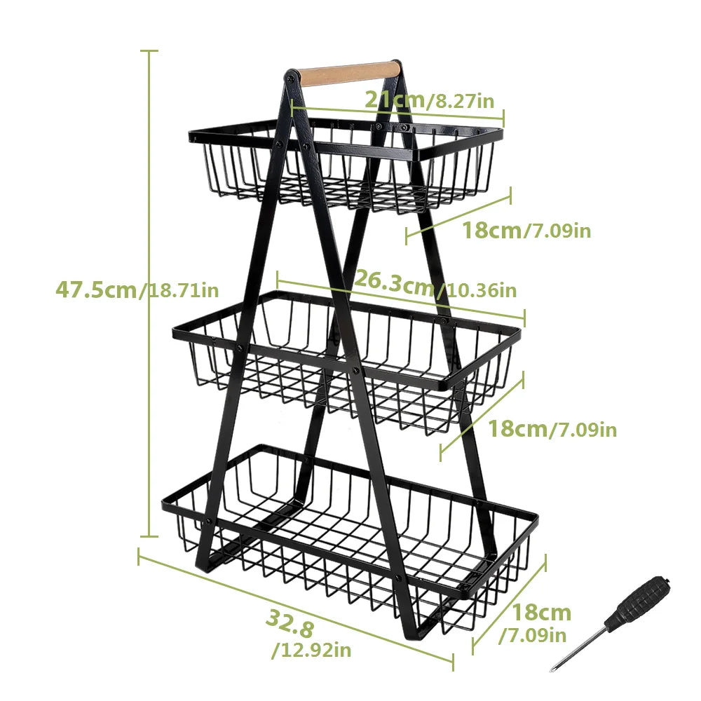 3 Tier Carbon Steel Fruit Storage Basket, Modern Metal Fruit And Vegetable Basket With Wooden Handle, Drain Basket