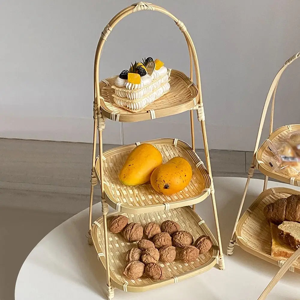 Multi-function Bamboo Woven Basket 1/2/3 Layer Fruit Food Vegetable Storage Basket Durable Handwoven Standing Tray for Kitchen