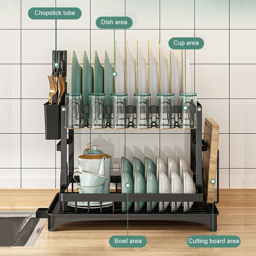 2 tier,dish drying rack,Cutlery rack with spout and draining tray,cutlery holder,cup holder,kitchen countertop storage rack