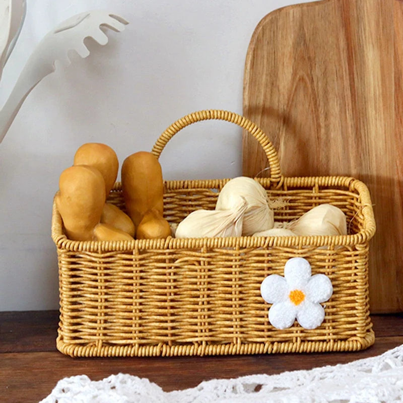 Hanging Fruit Basket Imitation Rattan Wall Mount Basket With Handle Handmade Rattan Woven Organizer Flower Pot Container Basket