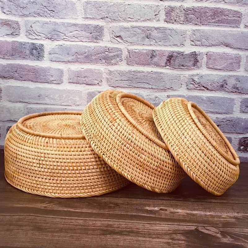 Hand-woven Rattan Wicker Basket Storage Box Fruit Tea Snack Bread Basket Cosmetic Desktop Storage Box Household Kitchen Supplies