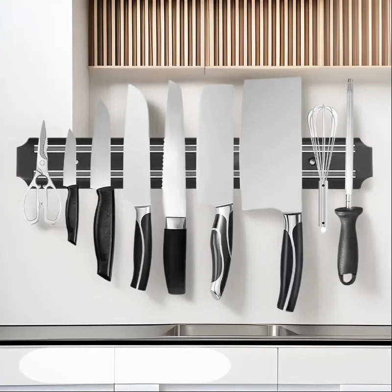 Powerful Magnetic Knife Holder Multifunctional Wall Hanging Knife Rack Strip Black Kitchen Practical Tools Organizer Punch Free